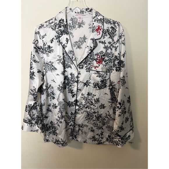 Victoria's Secret VS RARE Toile Art Print Ivory Black Satin PJ Pajama Top Large - Picture 1 of 4